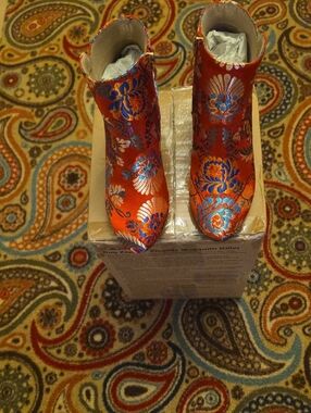J Renee Red Floral Brocade Ankle Booties for Women